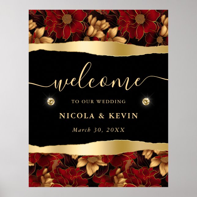 Poster Red Black e Dourada Marble Floral Weding Bem-vindo (Frente)