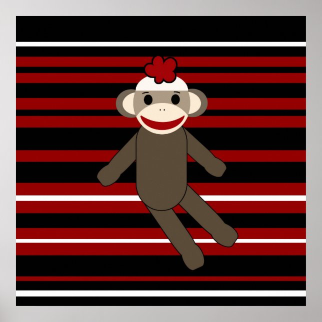 Poster Red Black White Sock Monkey Girl Sentada (Frente)