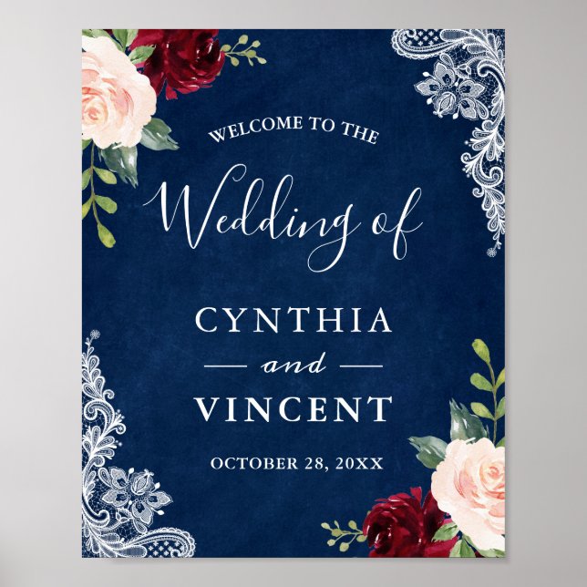 Poster Red Blush Floral Navy Blue Wedding Welcome Sign (Frente)