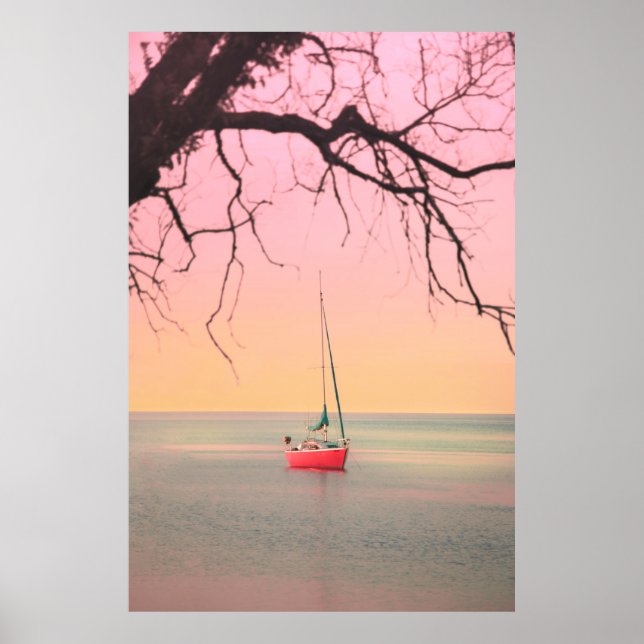 POSTER RED BOAT ON BEACH DURING SUNSET (Frente)