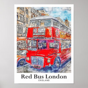 Poster Red Bus London Art Watercolor Hand Drawn