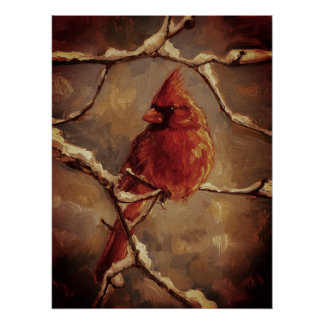 Pôster Red Cardinal Bird Oil Painting – Winter Branch