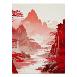 Pôster Red Chinese Landscape Painting - Serene Mountains