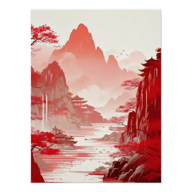 Pôster Red Chinese Landscape Painting - Serene Mountains (Frente)