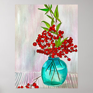 Poster Red Christmas Berries — aquarela