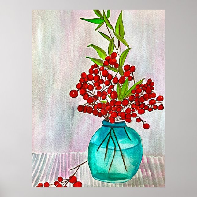 Poster Red Christmas Berries aquarela arte (Frente)