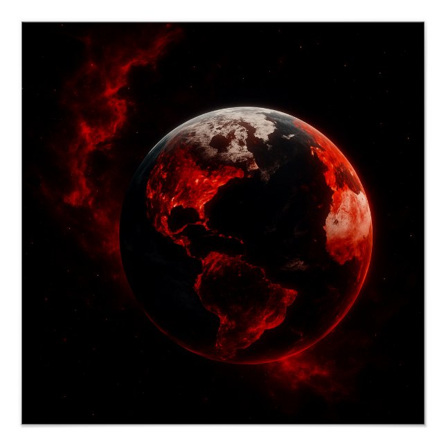 Pôster Red Cosmic Earth – Neon Apocalypse Planet Art | Hi (Frente)