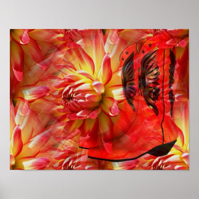 Poster Red Cowgirl Boots Dahlia Flower Fantasy Art (Frente)