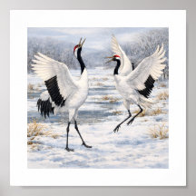 Red-crowned Cranes Dancing in Winter –