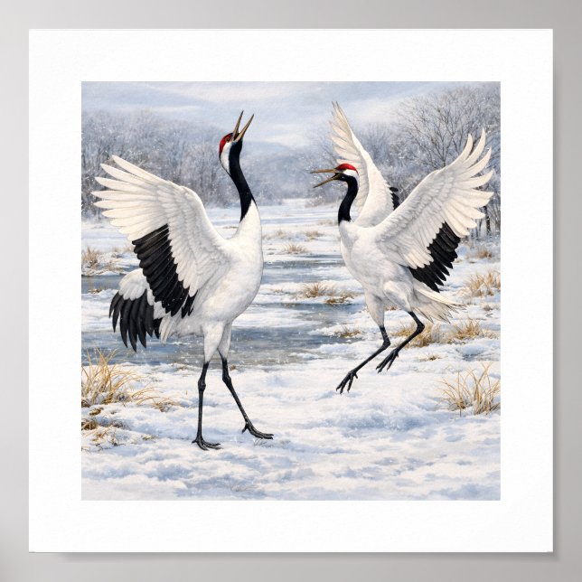 Poster Red-crowned Cranes Dancing in Winter –  (Frente)
