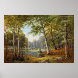 Poster Red Deer by the Forest Pond