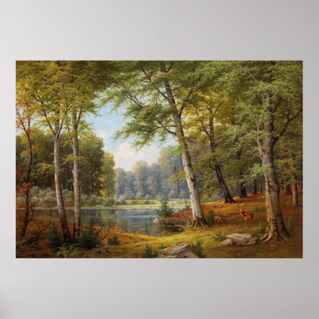 Poster Red Deer by the Forest Pond (Frente)