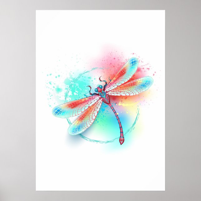 Poster Red dragonfly on watercolor background (Frente)