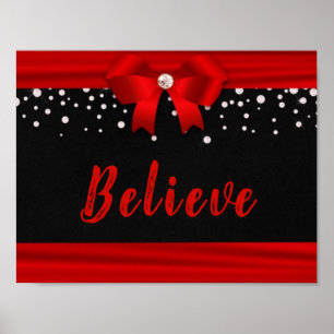 Poster RED Elegant Ribbon BELIEVE texto em preto