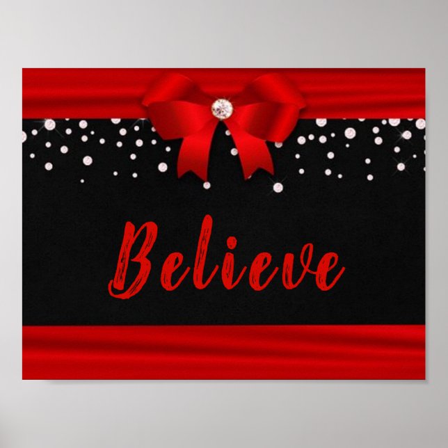 Poster RED Elegant Ribbon BELIEVE texto em preto (Frente)