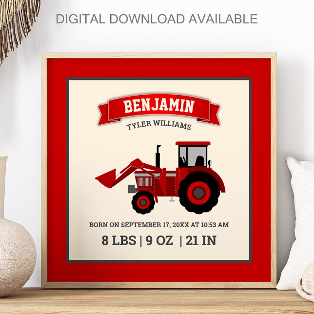 Poster Red Farm Tractor Baby Birth Stats (Criador carregado)