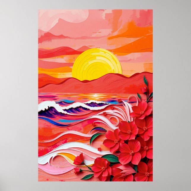 Poster Red Floral Coast Quilling Art with Sunrise Waves & (Frente)