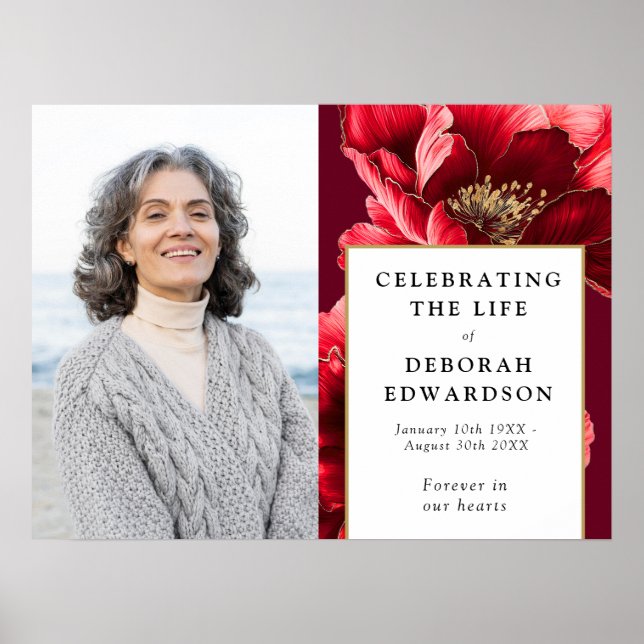 Poster Red Floral Funeral Celebração Do Sinal De Foto Da  (Frente)