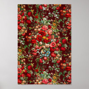 Poster Red Floral Pattern Elegant Vintage