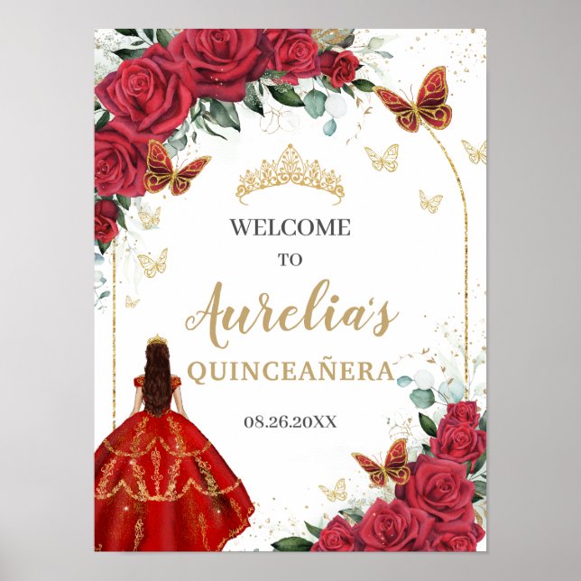 Poster Red Floral Quinceañera Princesa Borboletas Dourada (Frente)