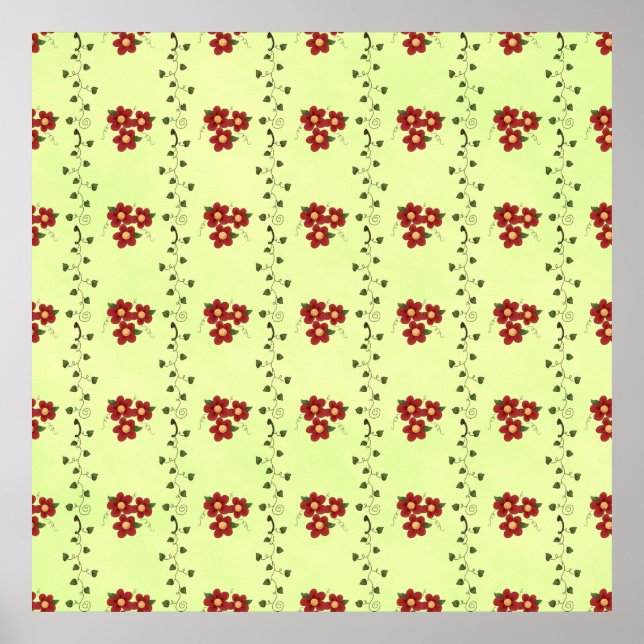 Poster Red Floral Vine Pattern on Light Green (Frente)