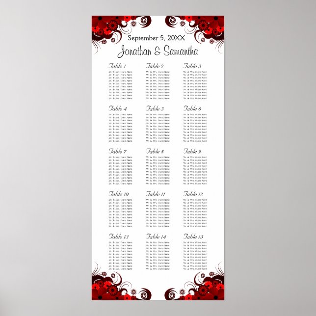 Poster Red Floral & White 15 Mesas de Casamento (Frente)