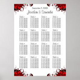 Pôster Red Floral & White 16 Wedding Tables Seating Chart