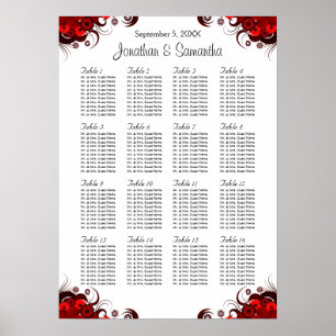 Pôster Red Floral & White 16 Wedding Tables Seating Chart