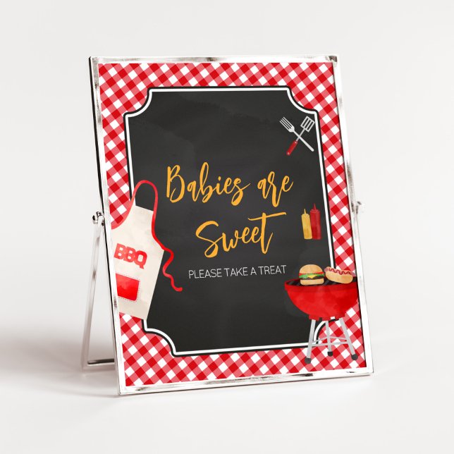 Poster Red Gingham CHURRASCO Babies são doces (Burger in the Oven Baby Shower Babies are Sweet Sign)