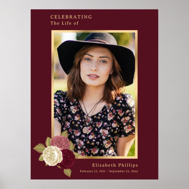 Poster Red Gold Celebration of Life Photo Funeral Sign (Frente)