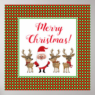 Poster Red Green Christmas Xadrez Santa Claus Reindeer