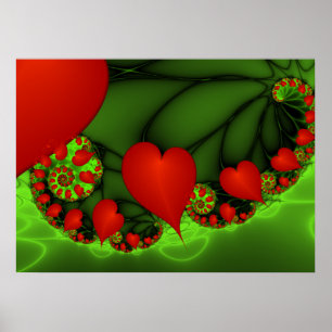 Poster Red Hearts Verde limão Arte Fractal Moderna Abstra