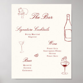 Poster Red Illustrated Whimsical Wedding Bar Menu