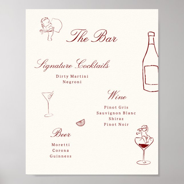 Poster Red Illustrated Whimsical Wedding Bar Menu (Frente)