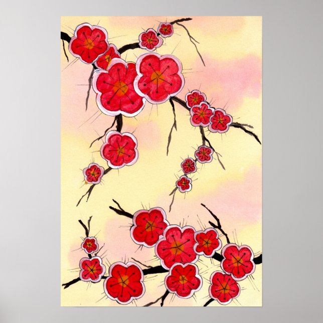 Poster Red Japan Cherry Blossoms (Frente)
