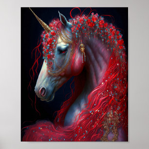 Poster Red Jeweled Unicorn Fantasy Art