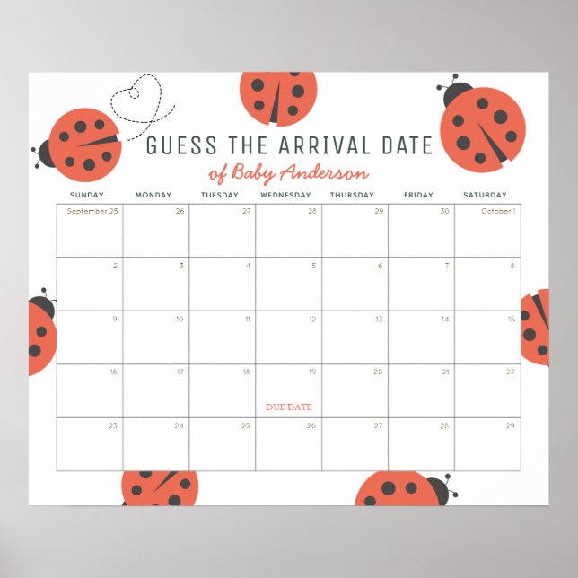Poster Red Ladybugs Guess The Due Date Calendar (Frente)