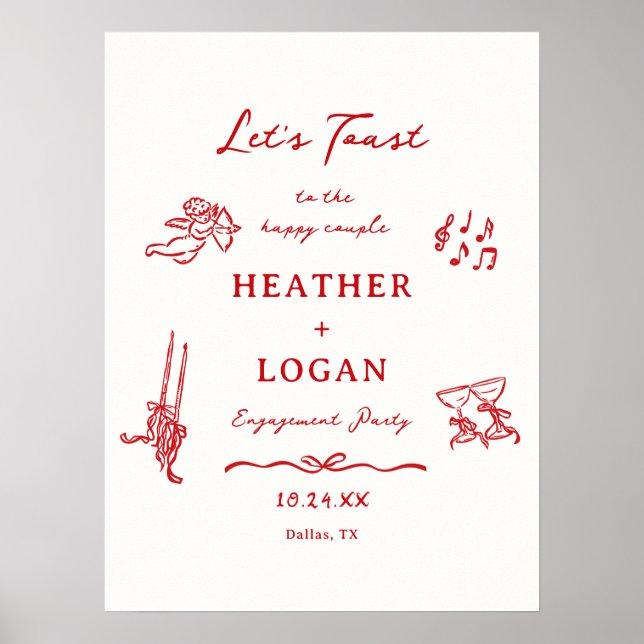 Poster Red Let's Toast Engagement Party Welcome (Frente)
