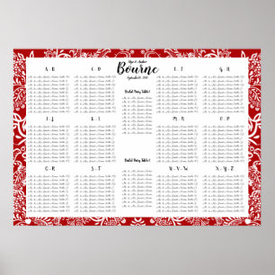 Poster Red Love Bird Seating Chart Ordem Alfabética