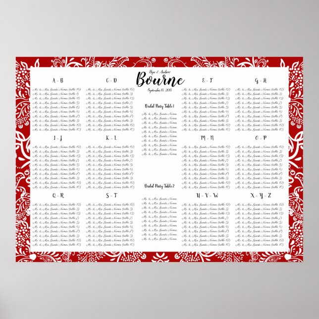 Poster Red Love Bird Seating Chart Ordem Alfabética (Frente)