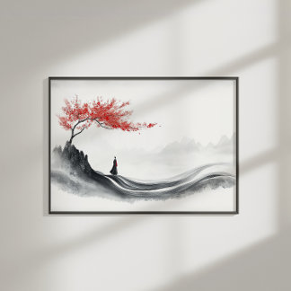 Pôster Red Maple Ink Zen Minimalist Wall Art