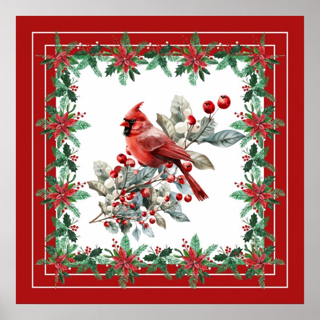 Poster Red Mockingbird Poinsettia Borders Elegante (Frente)