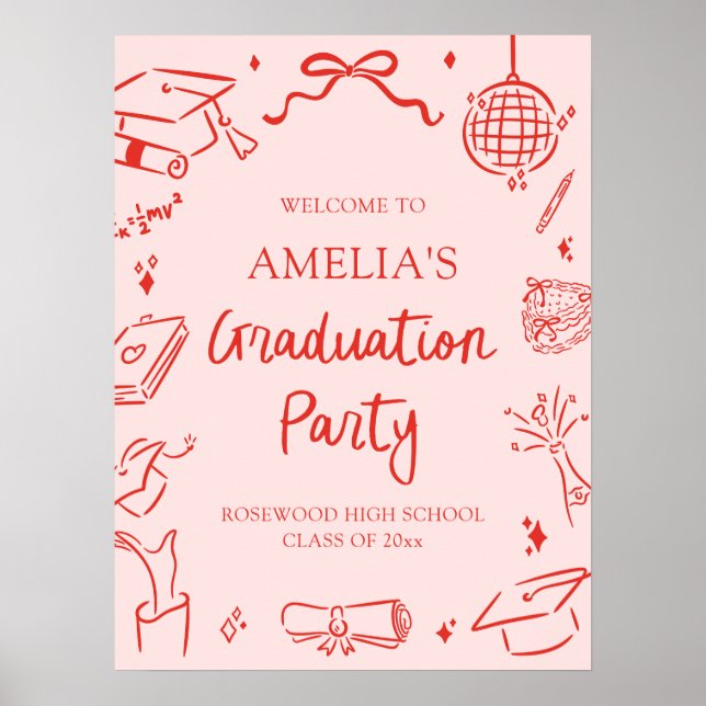 Poster Red Modern Hand Drawn Graduation Party Welcome (Frente)