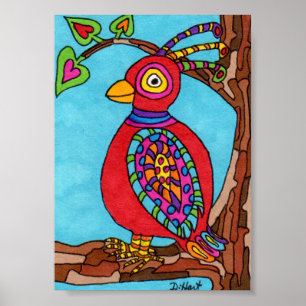 Pôster Red Oaxacan Bird Mini Arte Foliar Mexicana