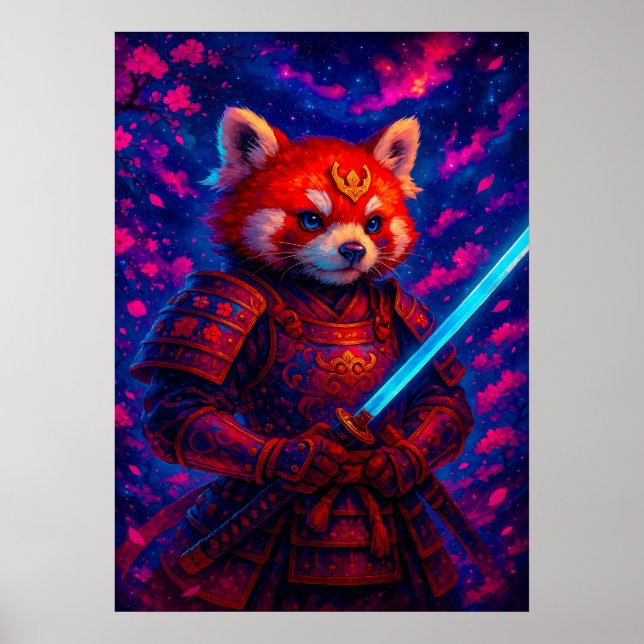 Poster Red Panda Samurai com Glosso Katana Fantasy (Frente)