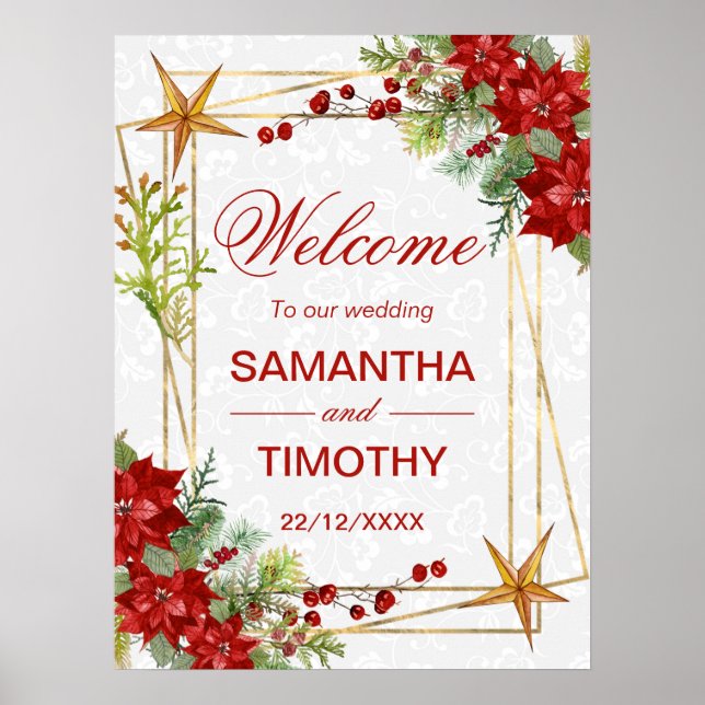 Poster Red Poinsettia Christmas Wedding Welcome Sign (Frente)