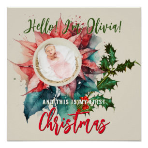 Pôster Red Poinsettia Mistletoe Nome do Bebê Foto Natal