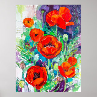Poster Red Poppies Impasto Oil Painting Style 