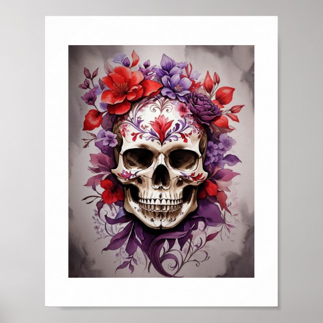 Poster Red & Purple Floral Skull Halloween Wall Art (Frente)