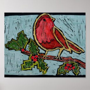 Poster Red Robin do Natal, Berries Vermelhos Holly Verdes
